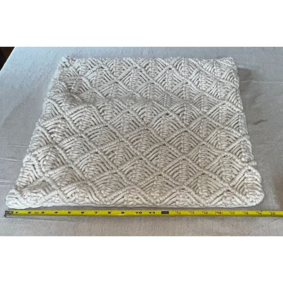 Handwoven Macrame Boho Throw Pillow Cover Cream Wool/Cotton Back 20" Square Zip - Picture 7 of 11